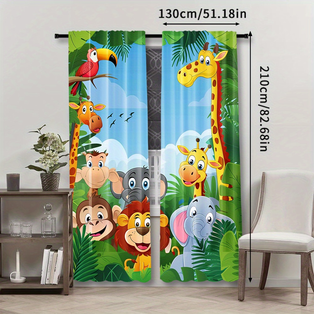TEMU Ensemble de 2 rideaux mignons de zoo de forêt de dessins animés - Traitements de fenêtre à poche de tringle pour chambre & salon, Draperies en