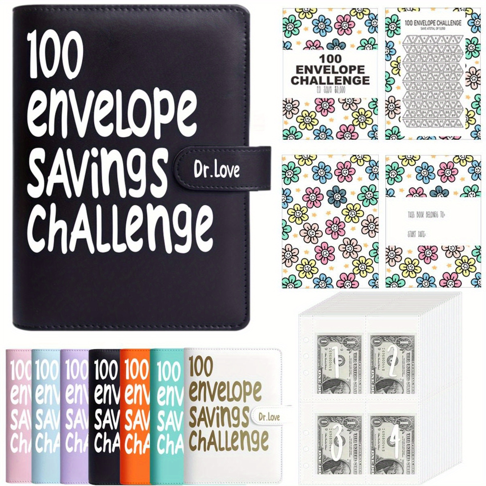 

1pc Dr.love Envelope Savings Challenge Binder, Pu Leather Budget Planner With Cash Saving , Money Organizer For And , Cash | Font Style | Colorful Elastic Band, Money Saving Challenge Book