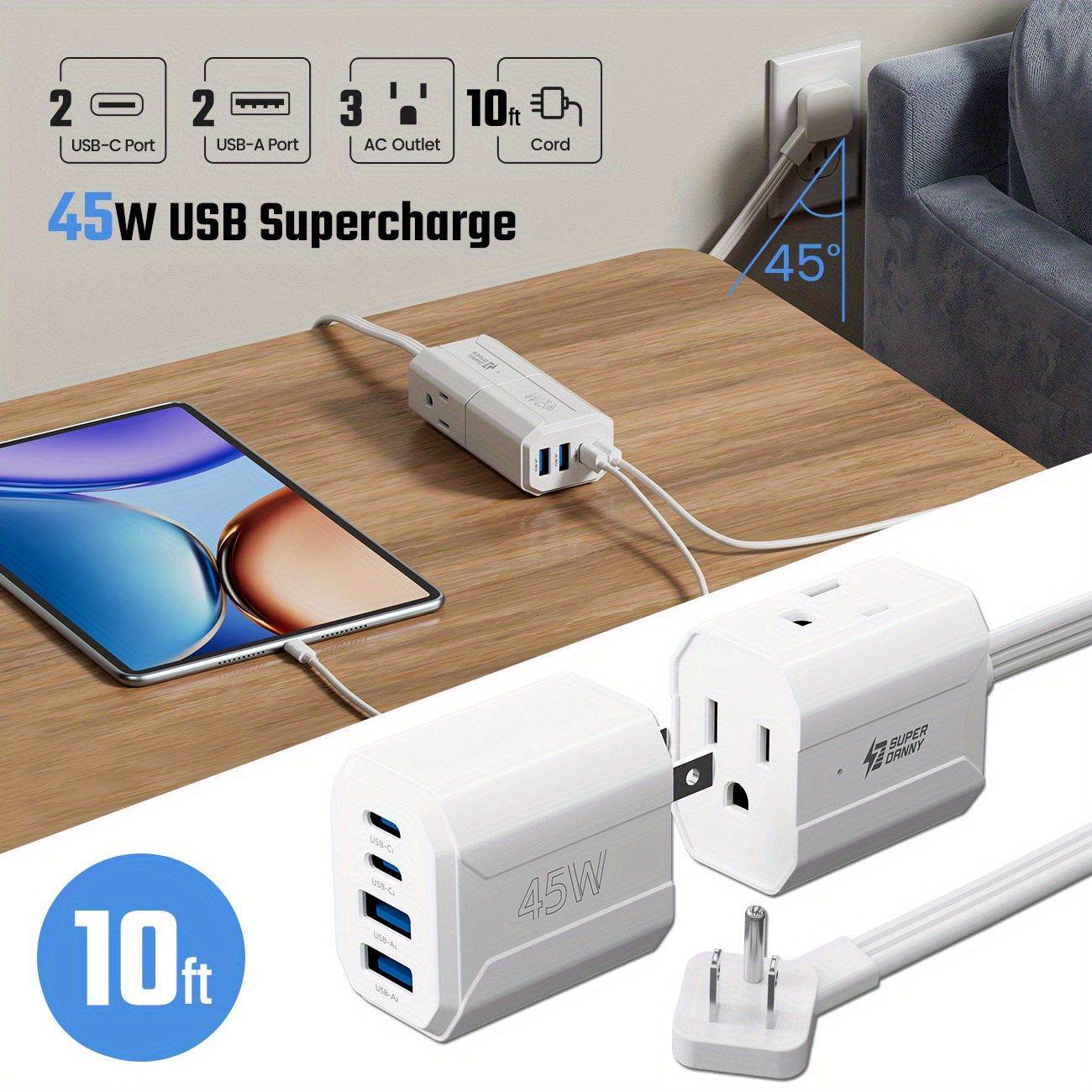 

Superdanny 5/ 10 Ft Detachable 2 Usb-c & 2 Usb 3 Outlets For For , Laptop At For Phones Or Ipads Outlet Us , , And Portable