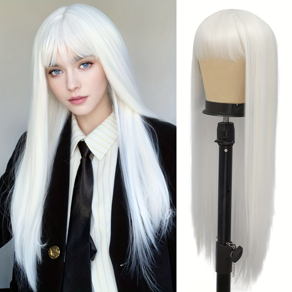 

1pc White Long Straight Wigs With Bangs - Synthetic Hair Wig For Daily Cosplay And Personal Use - Gender Neutral