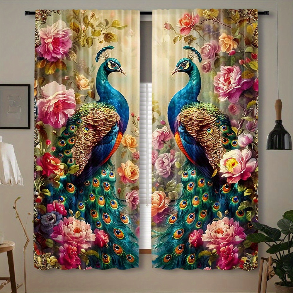 

2pcs Vintage Peacock Floral Print Curtains - Rod Pocket Semi-sheer Polyester Pongee Panels - 100-120g Woven Knit Fabric With Roller Embossing - Contemporary Bedroom Home Decor - Machine Washable