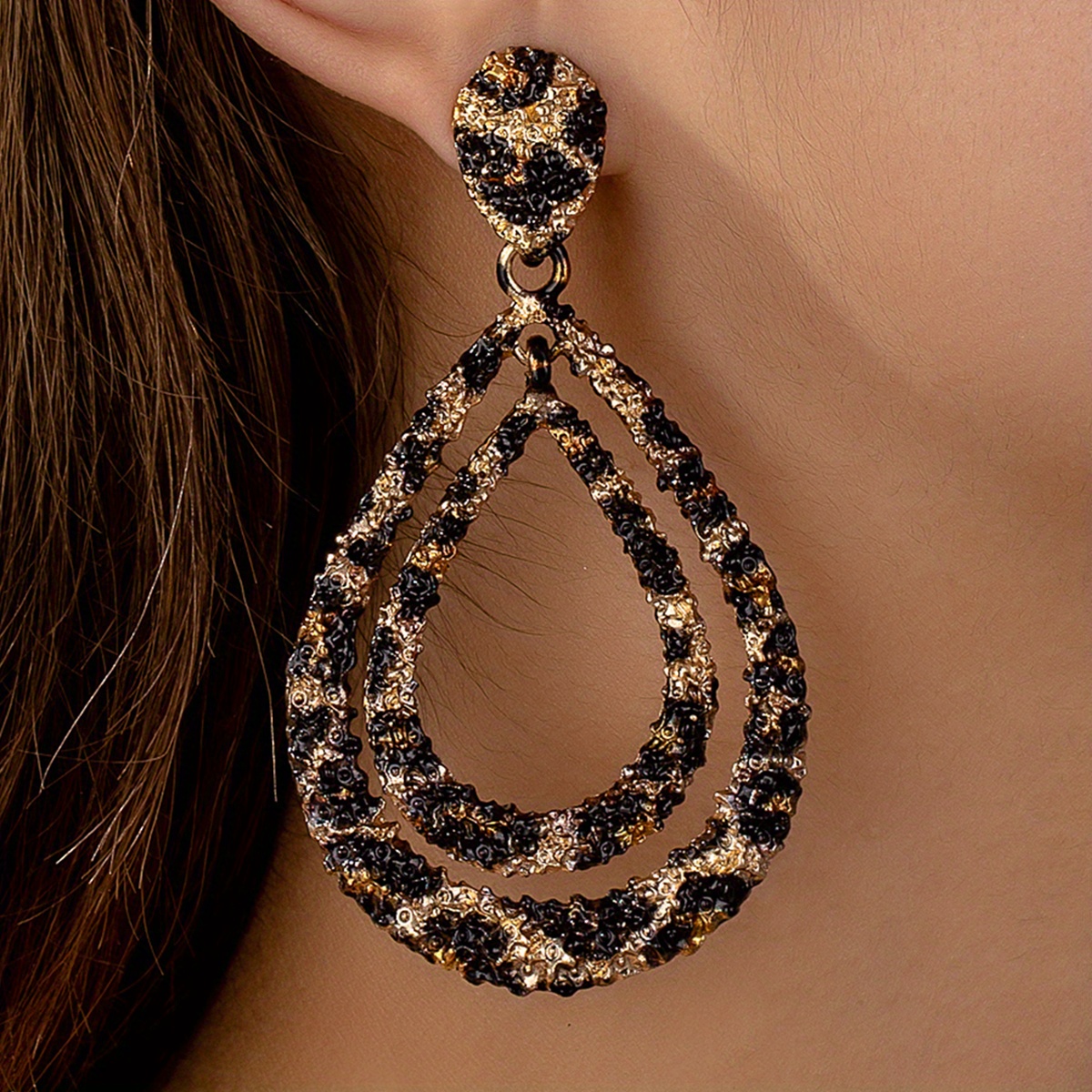 

1 Pair Of Chic Double-layer Leopard Print Teardrop Earrings With Golden Accents - Elegant & Vintage Alloy Dangle Earrings With Stainless Steel Posts, & Parties