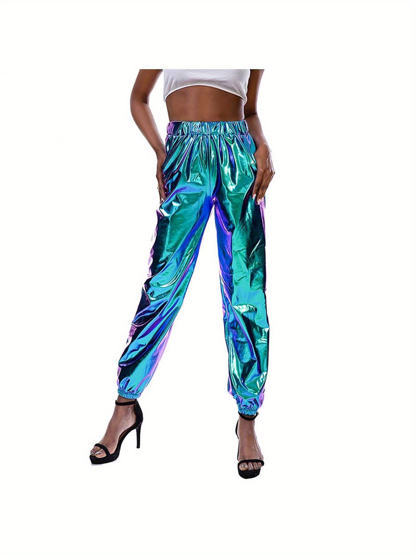 women' metallic reflective pants high waist wet look Temu