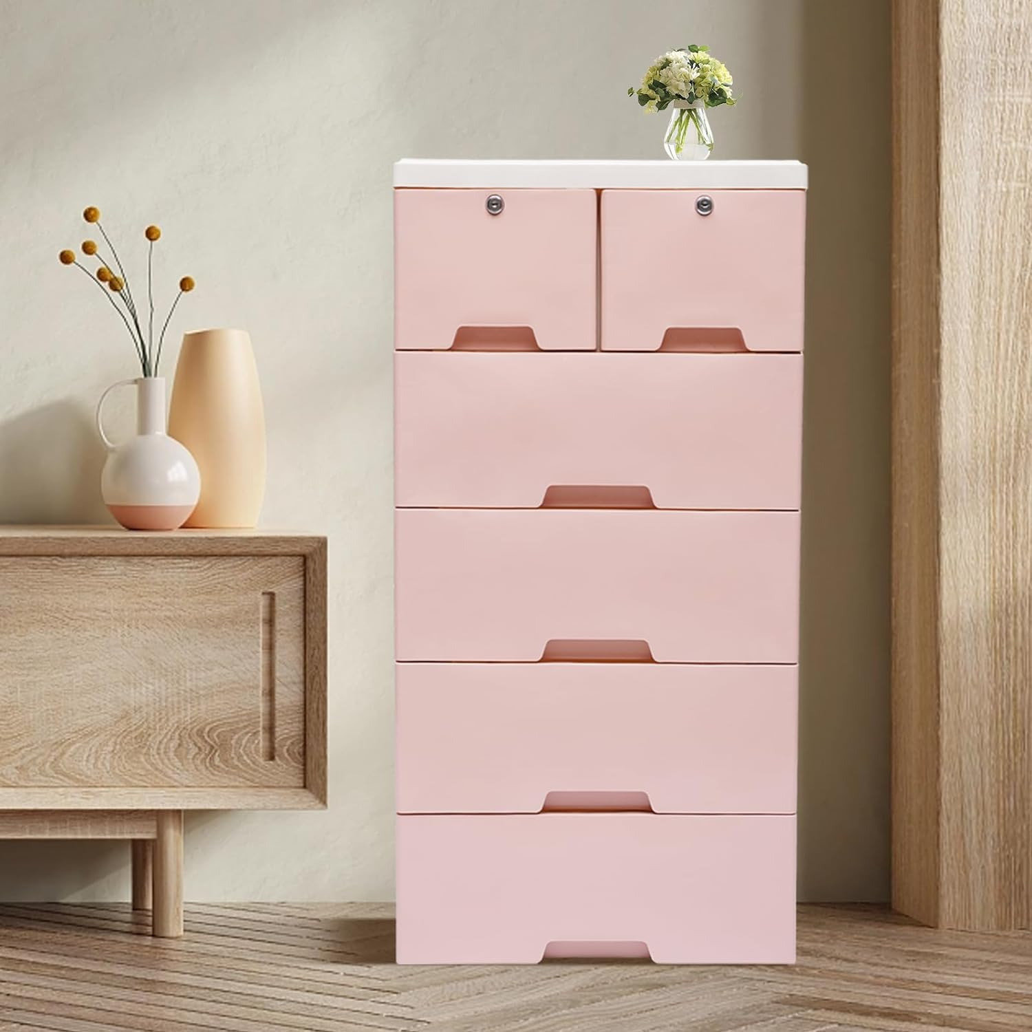 

Chest Of Drawers With 6-drawers, Plastic Drawer Cabinet With 4-wheels, Chest Of Drawers Drawer Tower Drawer Shelf Storage Cabinet, 50 X 35 X 102cm, Pink