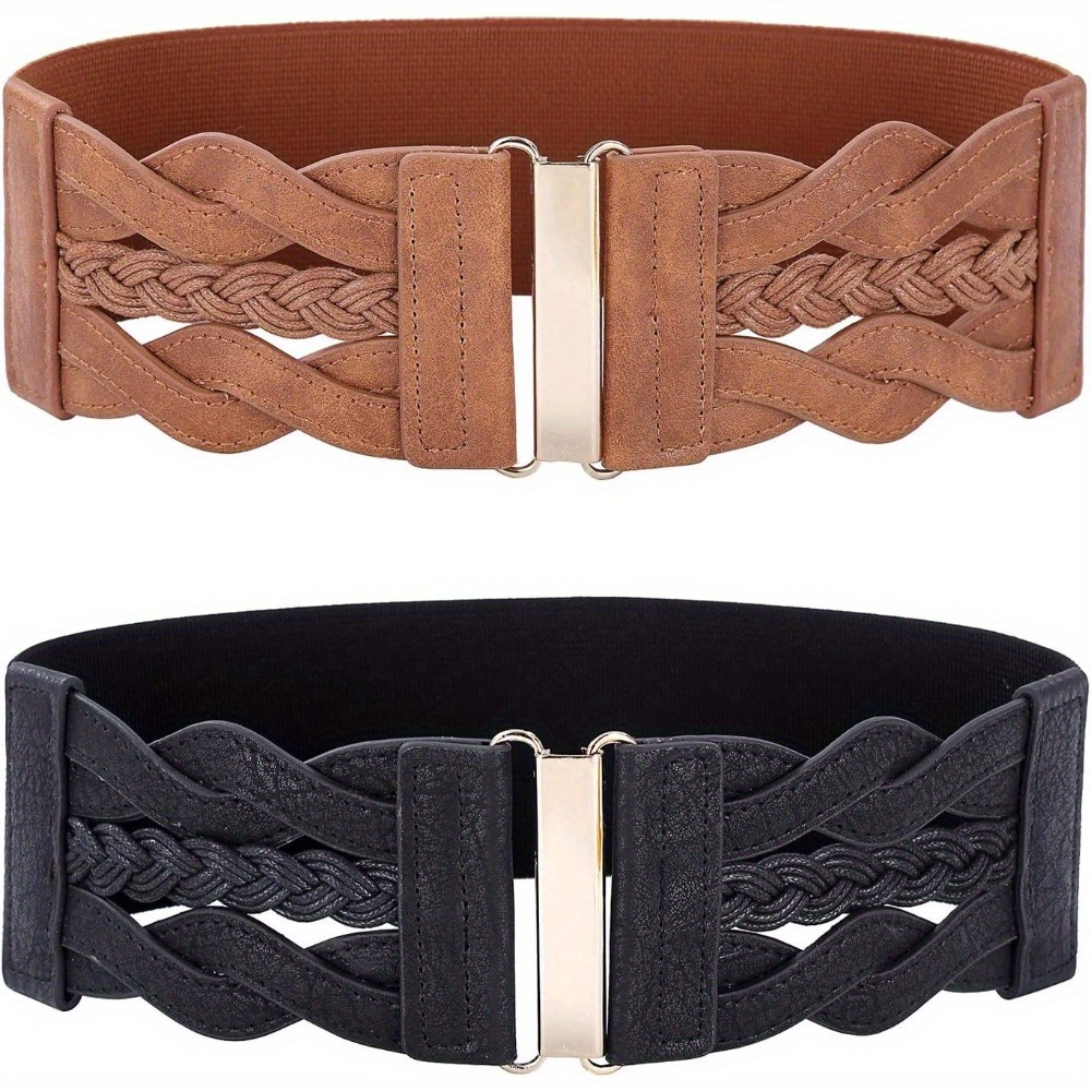 

2pcs Women's Elastic Wide Belts Vintage Stretchy Belt Retro Fashion Cinch Belts For Dresses