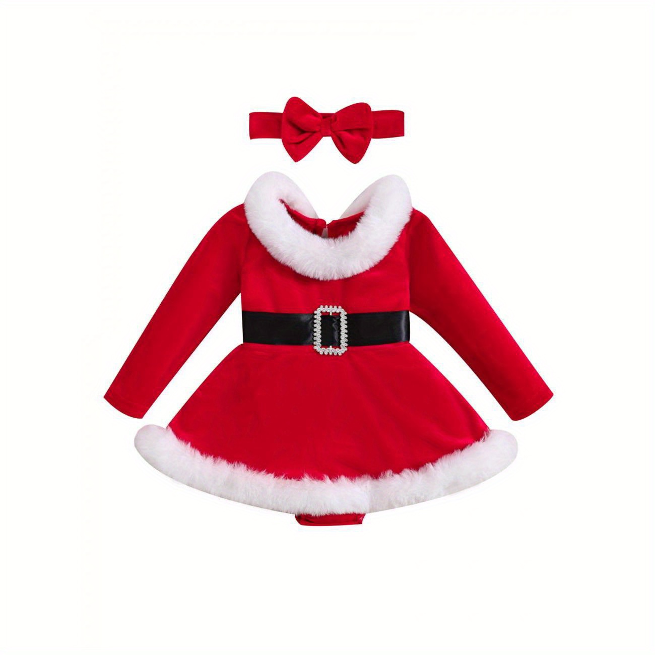 

Baby Girls Casual 2pcs Christmas Outfits Long Sleeve Fur Trim Velvet Romper Dress + Headband Set Newborn Clothes