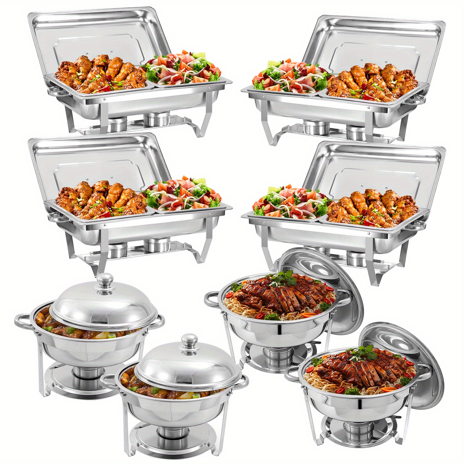 

8 Pack Chafing Dish Buffet Set, Stainless Steel Food Warmer Kit With Lids, Food Pans, Water Pan And Fuel Holders For Restaurant Catering Parties Weddings (4 ×half Pan+4×6qt Round)