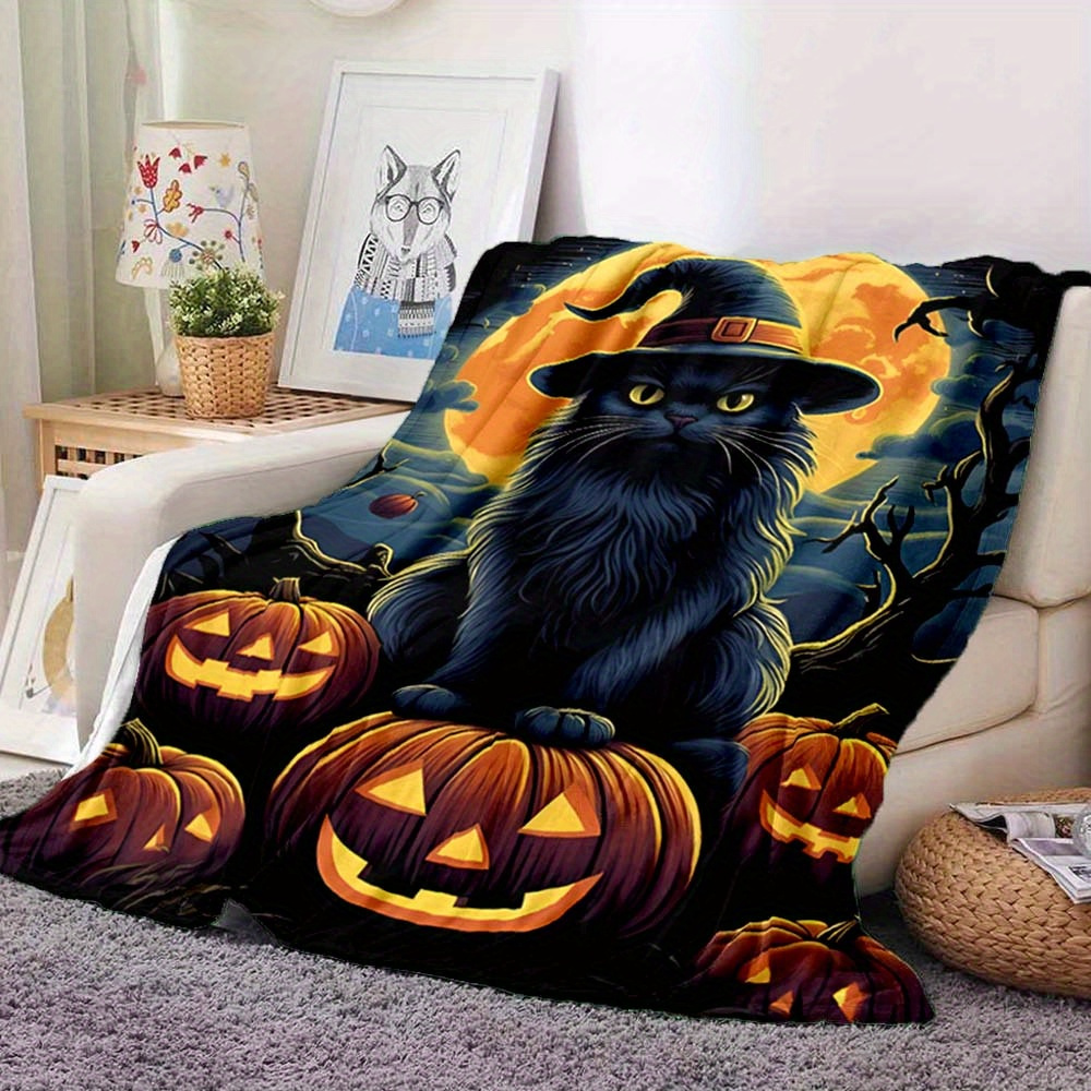 

Cozy Black Cat & Pumpkin Blanket - Soft, Warm Fleece For Sofa, Bed, Travel & Camping | Polyester