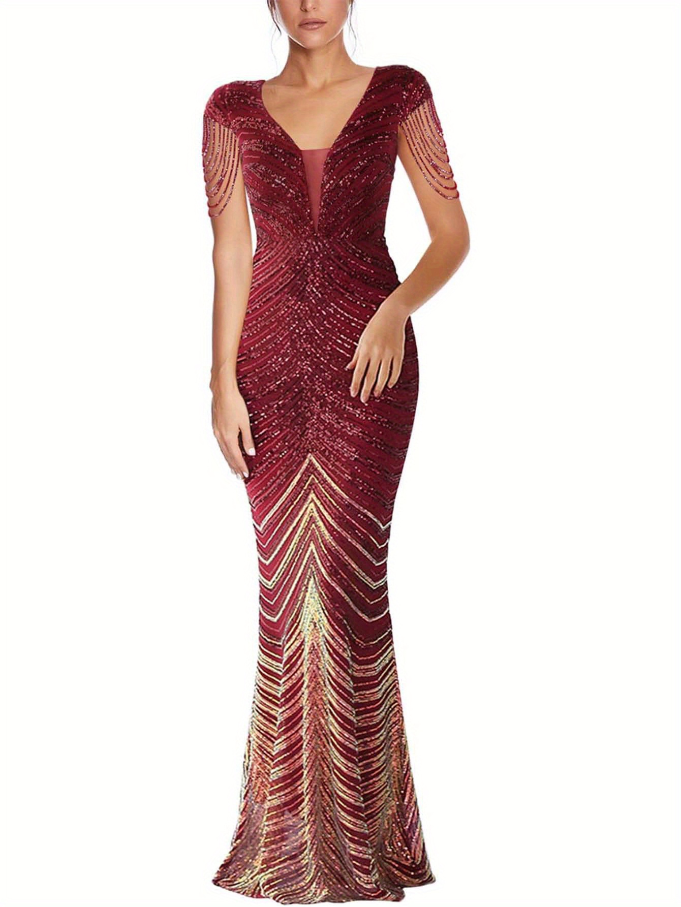 Women's V-Neck Sequin Mermaid Evening Gown - Long Beaded Tassel Sleeve Party Dress (Black & Silver, XL)