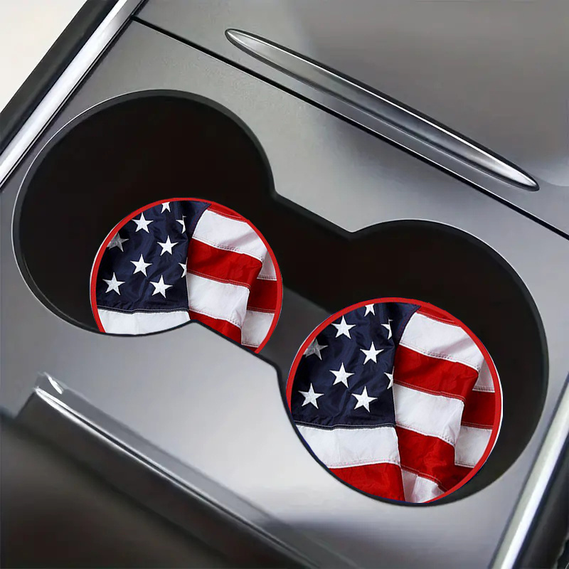 

American Flag Car Cup Holder Coasters - 2pcs Diatom Mud Absorbent Auto Coasters With Patriotic Design, Easy Clean Leatherette Edge