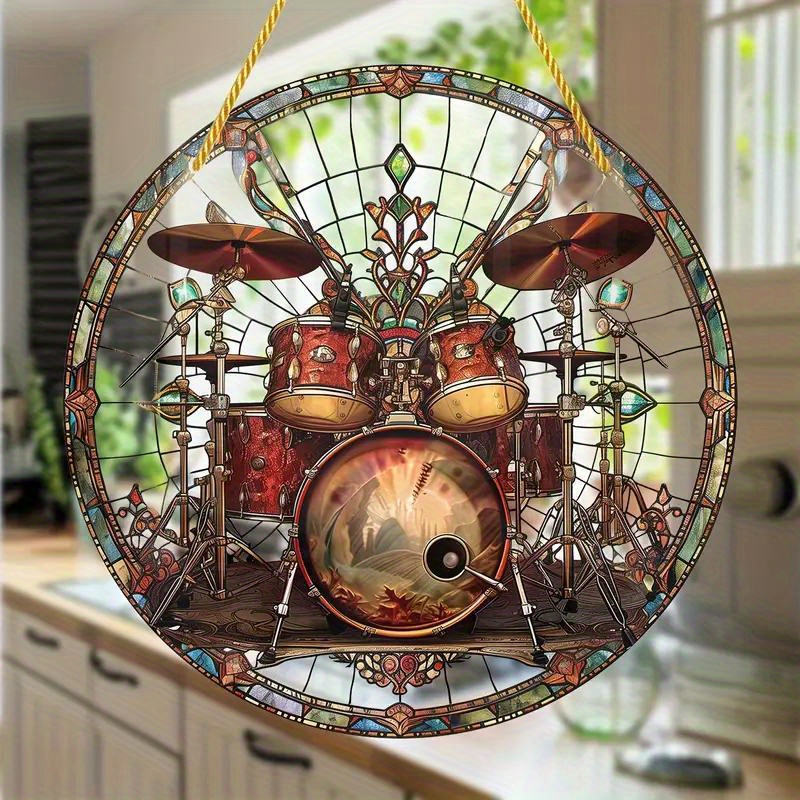 TEMU 2d Flat Translucent Colorful Drum Suncatcher Acrylic Hanging Ornament - Round Musical Theme Sun Catcher For Home, Garden, Music Room Decor -