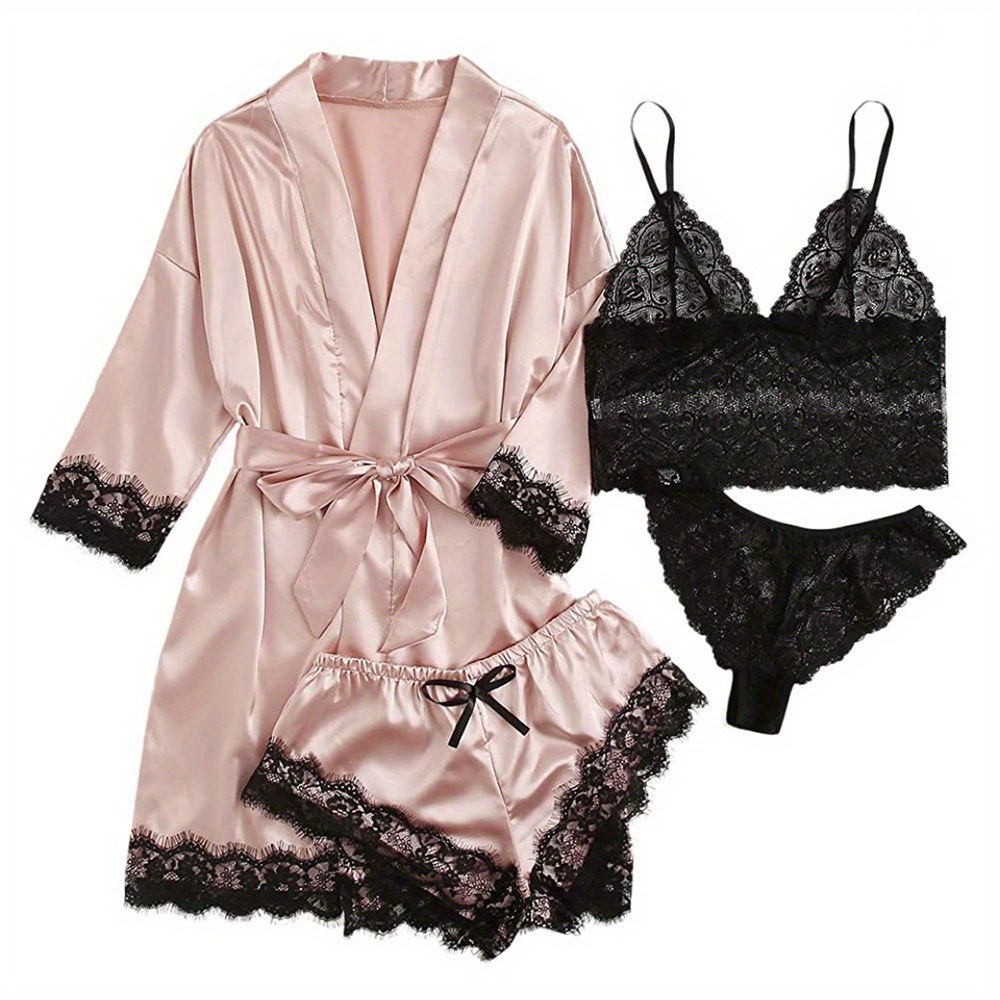 

Women's Satin Sleep Set With Lace Trim, V-neck Long Sleeve Nightdress, Hollow Backless Vest, Matching Panties And Belted Robe