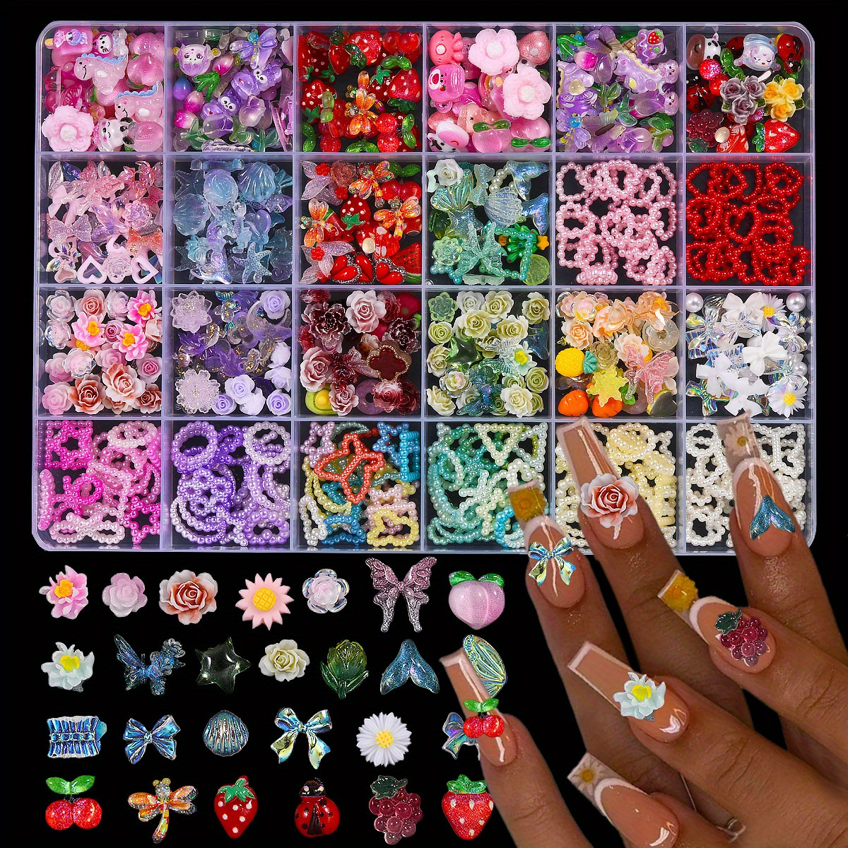 

24-grid Nail Art Charms Set With Pearlescent Hearts, Cartoon Bears, Strawberries, Cherries, Roses - Hypoallergenic Diy Nail Embellishments Kit