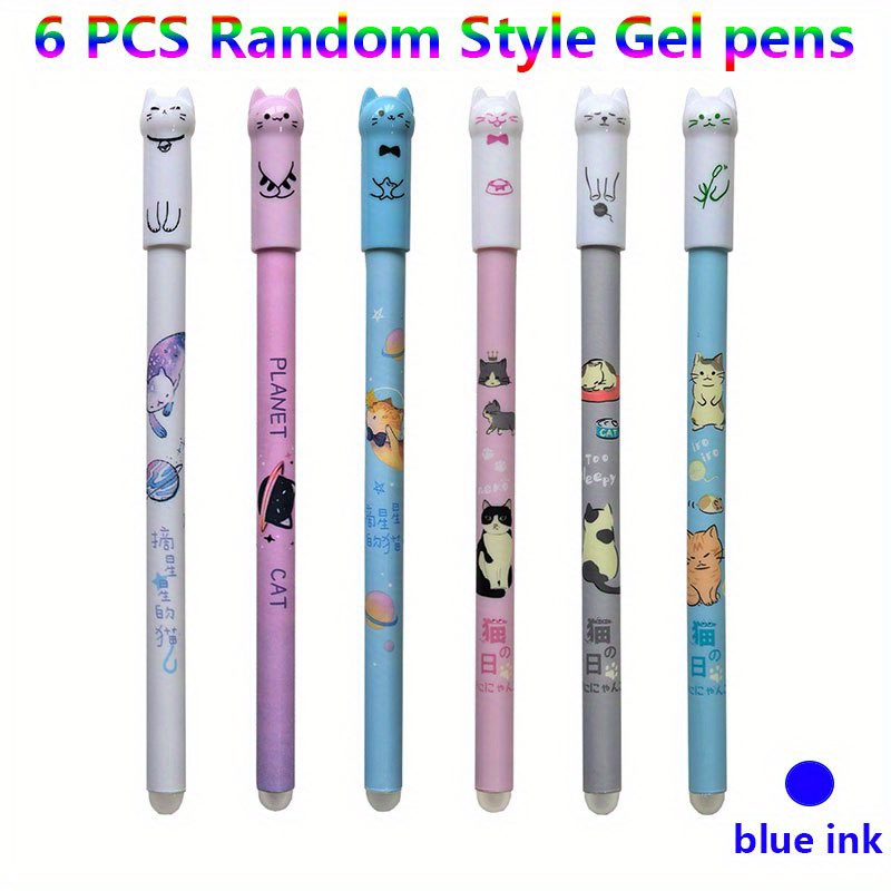 

6pcs/set, Kitten Erasable Blue Refill Gel Pen 0.5mm Spray Glue Cat Erasable Pen Friction Thermal Erasable Pen With Rubber Random Style