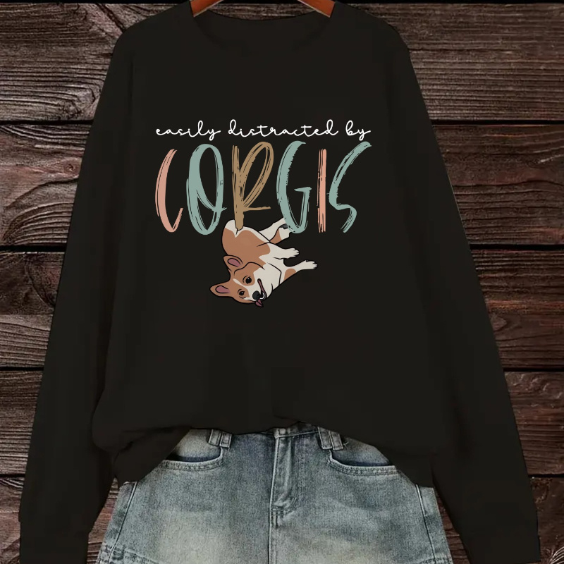 

Corgi Print Pullover Sweatshirt, Casual Long Sleeve Crew Neck Sweatshirt For Fall & Winter, Women's Clothing