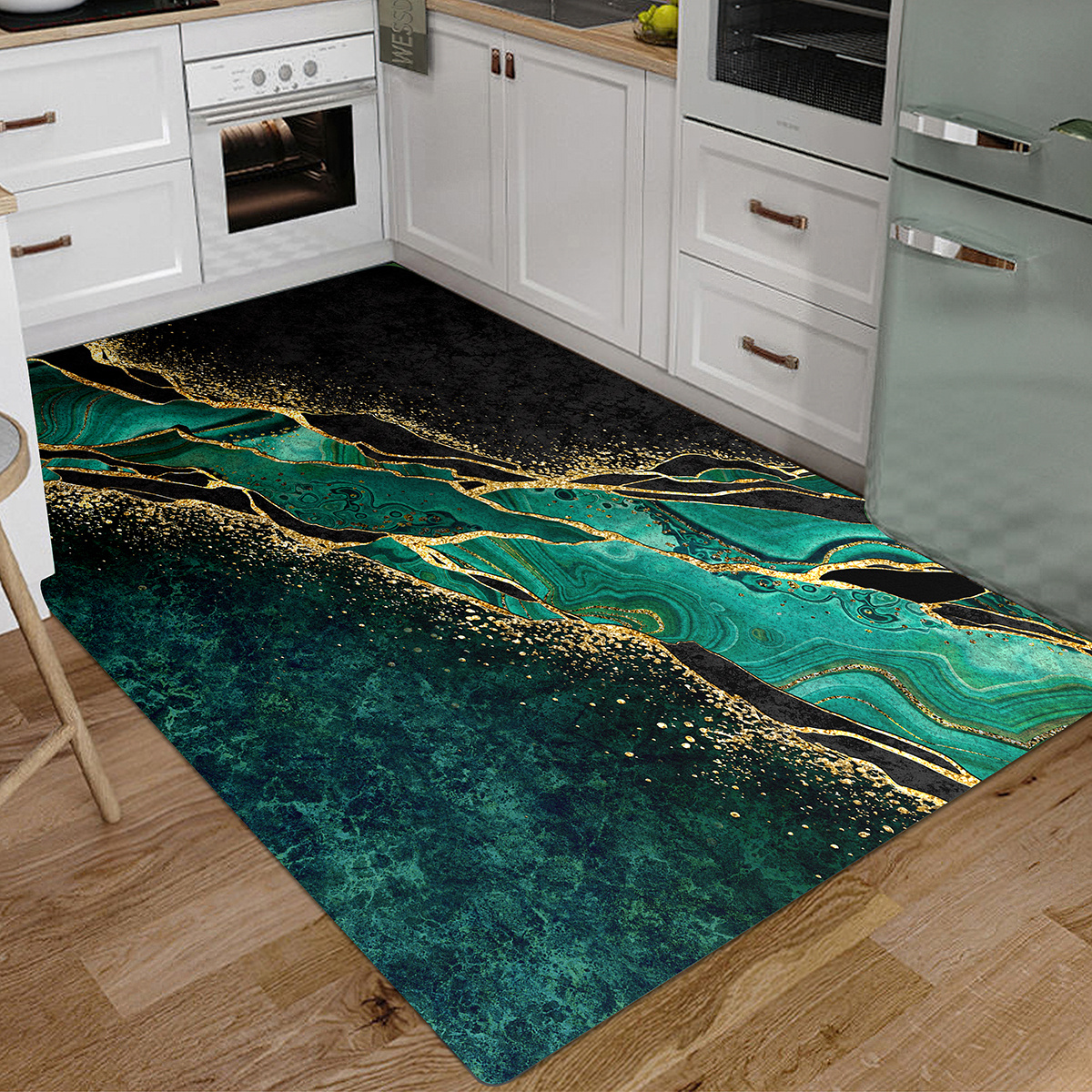 

Non-slip Mat, Green Marble Print, Polyester, Lightweight, Washable, Machine Wash Safe - 1pc Polyester Flannel Kitchen Rug (1cm Thick, 500g/sqm)