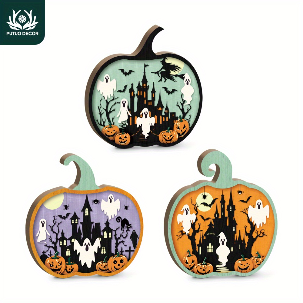 

Putuo Decor Set Of 3 Halloween Pumpkin Wooden Centerpieces - No Electricity Required, Manufactured Wood Tabletop Decor For Home, Office & Farmhouse - Ghosts, Bats, Castle Themed Decoration