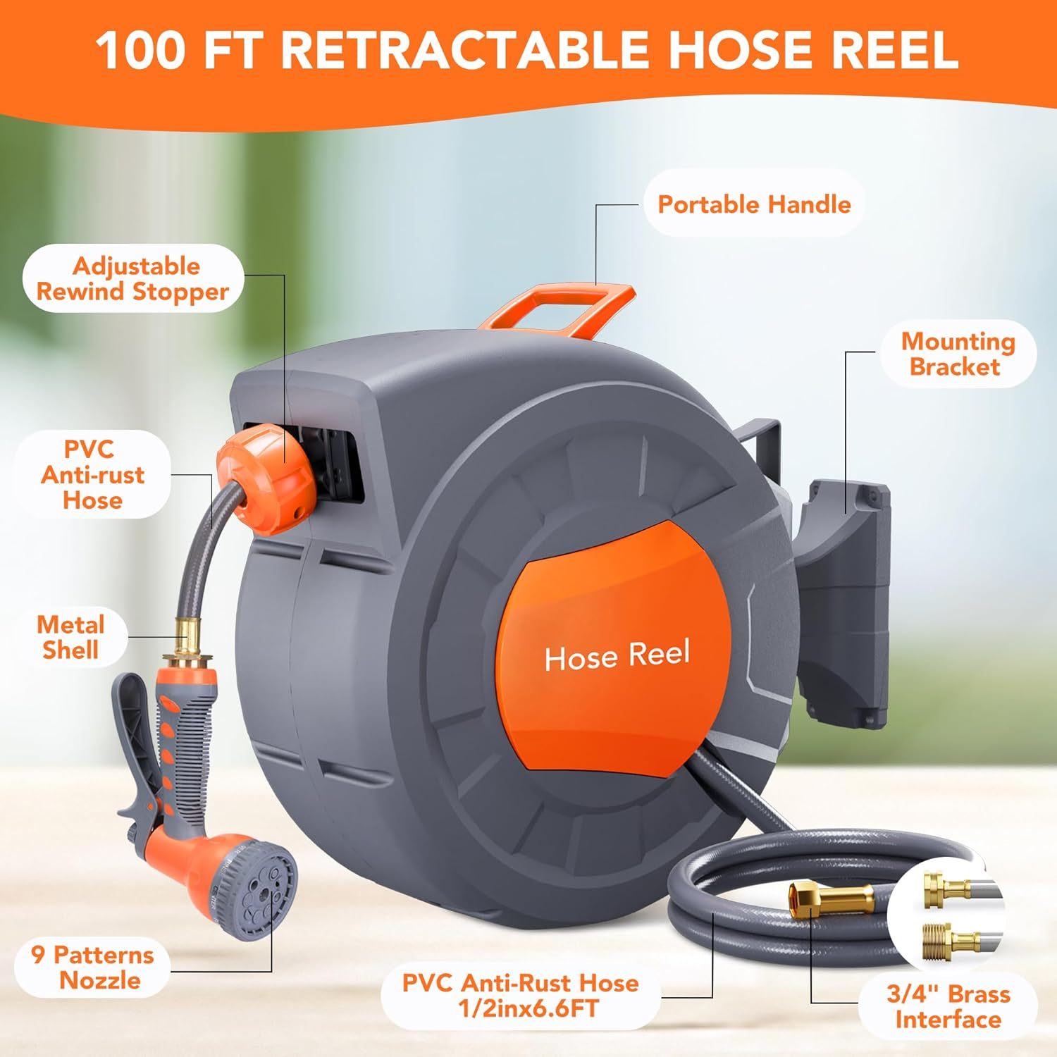 

Garden Hose Reel - Water Hose Reel With Ft X 1/ 2 In Retractable Garden Hose, 9 Sprayer Nozzle, Effortless Automatic , 180° Swivel Wall Mount, Hose Reel Wall Mount