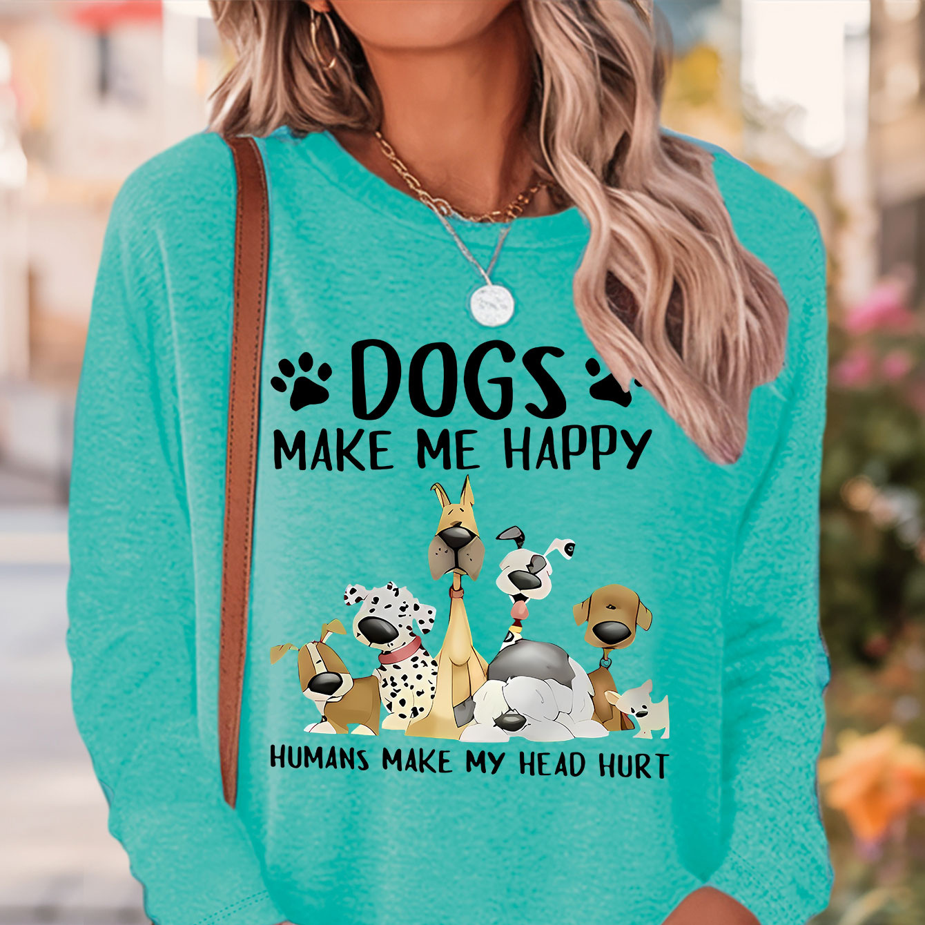 

Dog & Letter Print Casual T-shirt, Crew Neck Long Sleeve Top For Spring & Fall, Women's Clothing