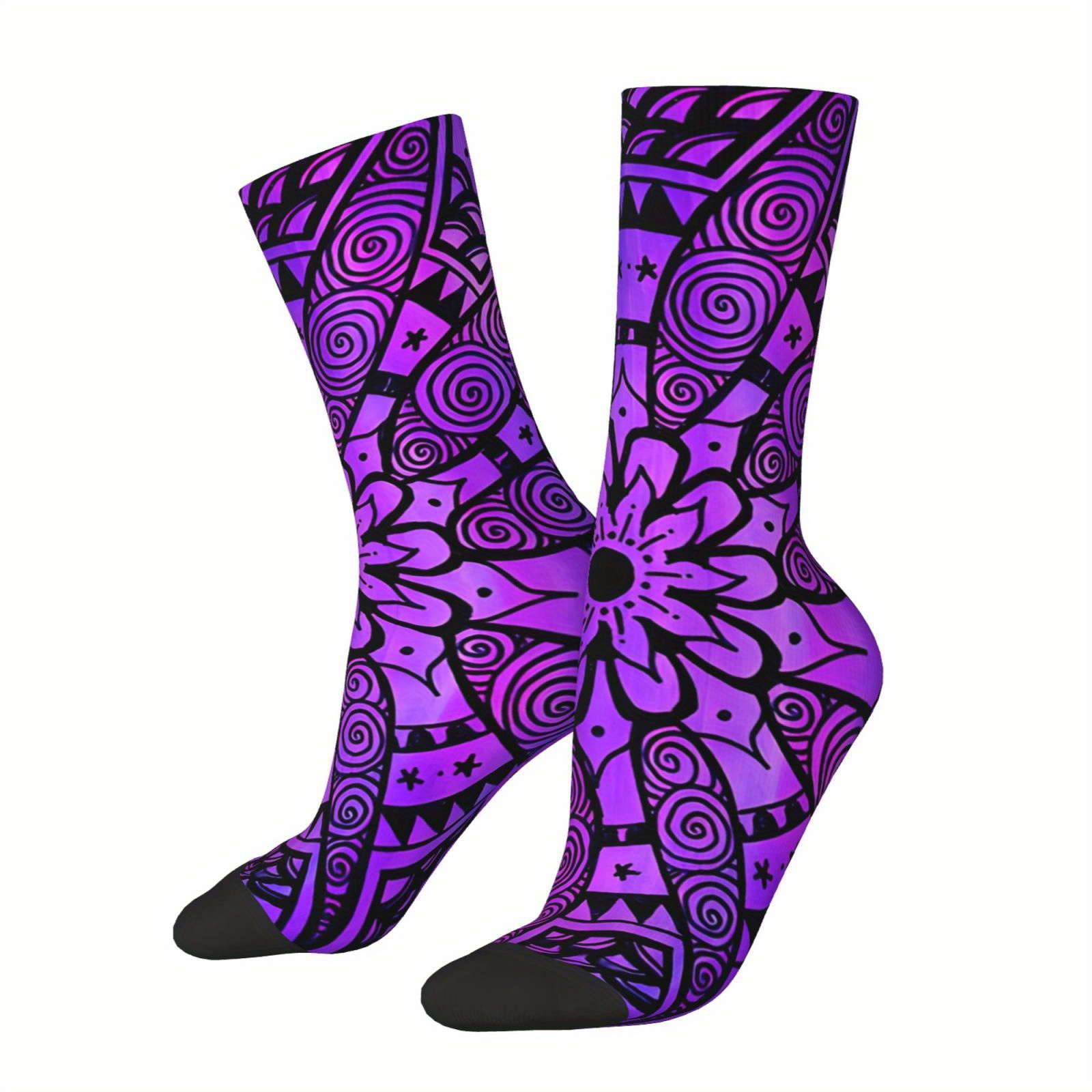 

Fun & Vibrant Purple Paisley Daisy Crew Socks - Novelty Hip Hop Style, Breathable Polyester , Gifts