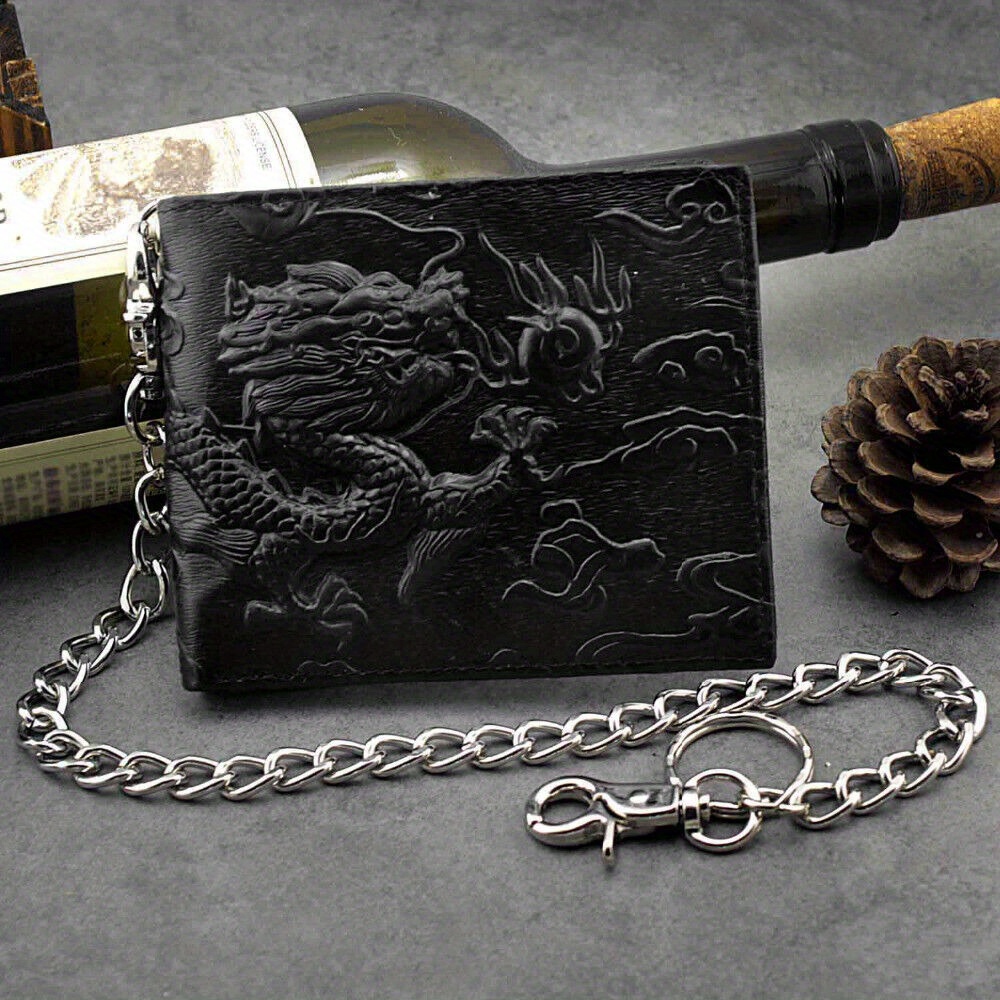 

Balck Men Real Leather Vintage Dragon Wallet With Chain Card Holder Purse