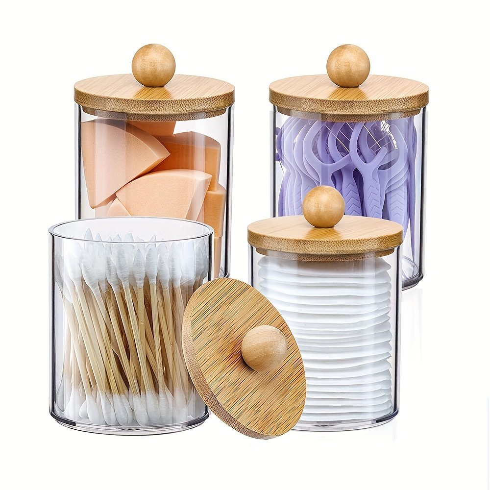 

1pc Clear Bathroom Storage Jar With Bamboo Lid & Tray - Vanity Organizer For Swabs, Balls, Pads, Floss