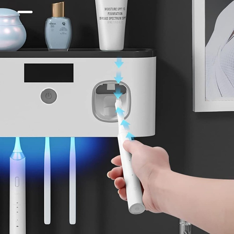 

Wall Mounted Toothbrush Holder With Toothpaste Dispenser Electric Toothbrush Holder For Bathroom Solar Charging And No Drilling Required Smart Toothbrush Organizer With 5 Brush Slots (grey)