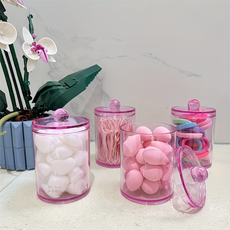 1pc Pink Glam Apothecary Jar Container with Window-View - Plastic Bathroom Storage Canister for Cotton Ball, Cotton Swab, Floss, and Vanity Makeup Organizer - Easy-to-See Dispenser Holder for Bathroom Organization and Decoration