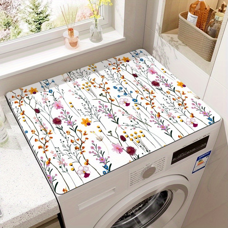 

1pc Decorative Floral Washing Machine Top Cover Mat, Polyester Fabric, Non-slip & Water Absorbent Washer Dust Protector With Vintage Flower Design, Laundry Room Accessories