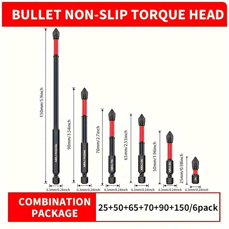 TEMU 6pcs Magnetic Bit Set, Anti-slip Steel, High Durability For Electric & Manual Drills - Improvement Tools, Black With Red Accents
