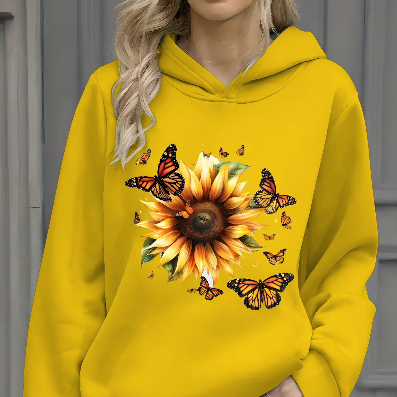 

Sunflower Print Pullover Hoodie, Casual Long Sleeve Sweatshirt For Fall & Winter, Women's Clothing