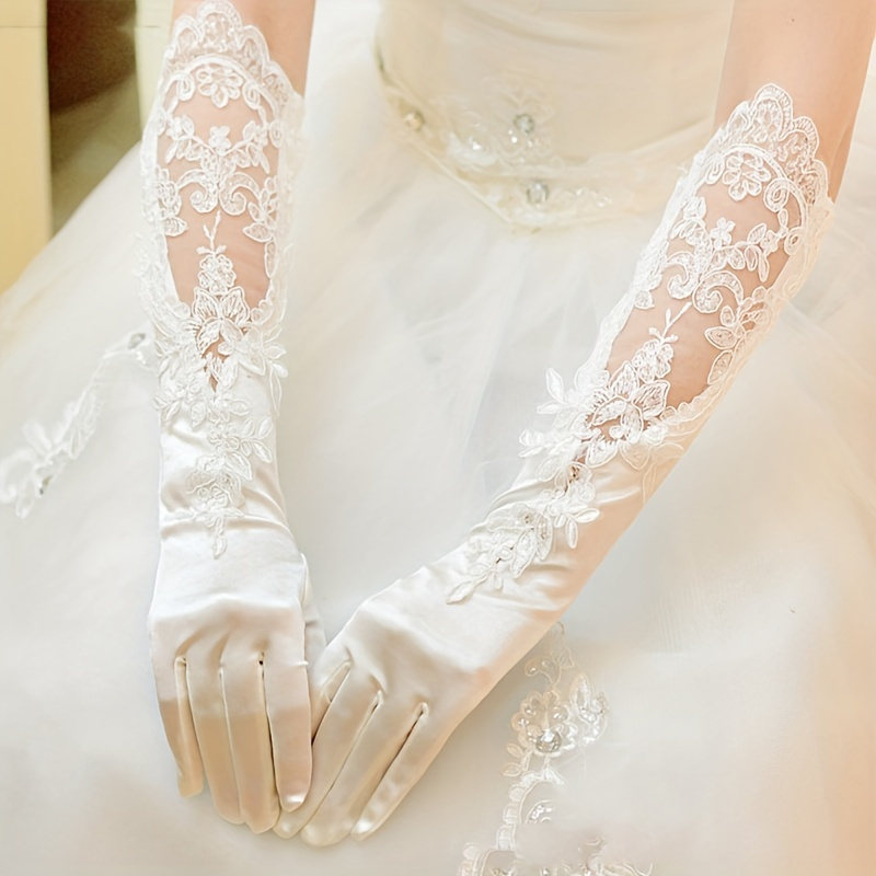 

2pcs/1 Pair Ladies Wedding Gloves, Dinner Long Gloves, Elegant Fake Pearl Decoration Embroidered Lace Gloves