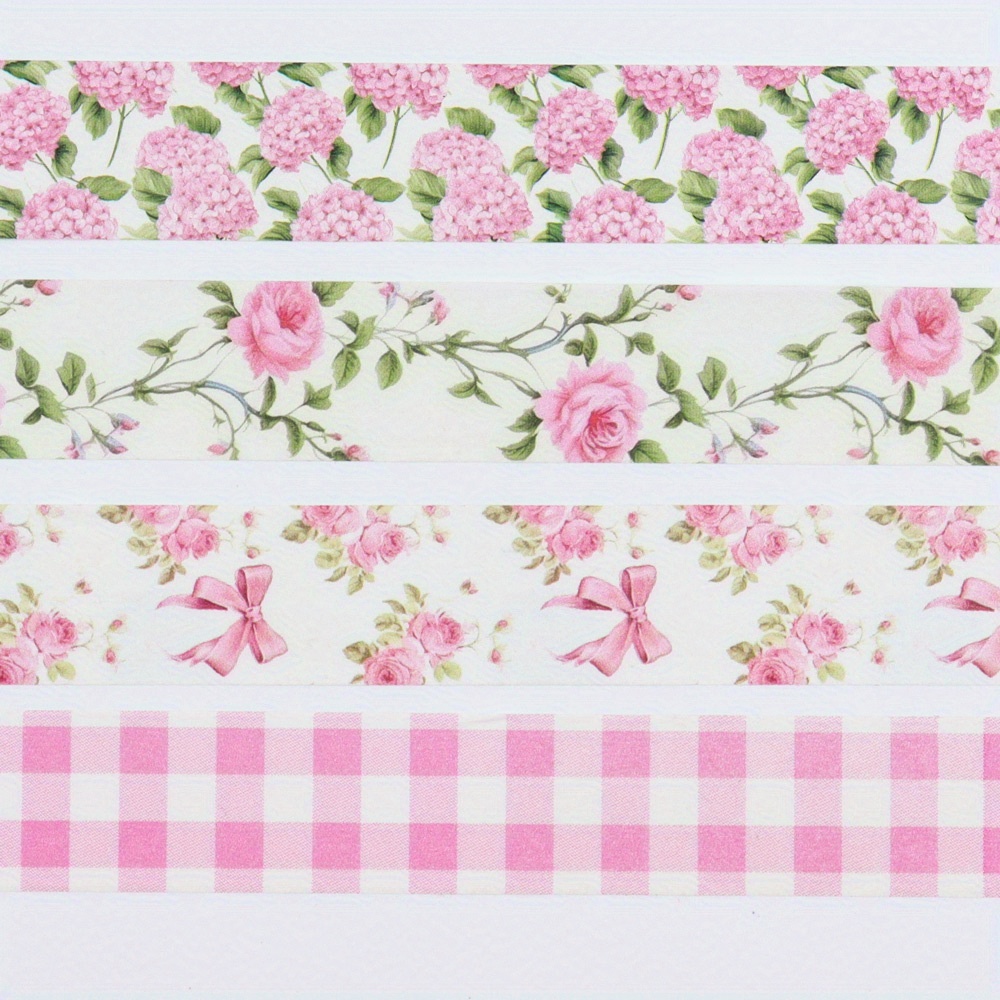 

4pcs Spring Valentine's Day Themed Washi Tape, Pink Floral And Bow Designs, 10m X 15mm - Decorative Paper Craft Tape For Journals, Stickers, And Gift Wrapping, Valentines Decorations