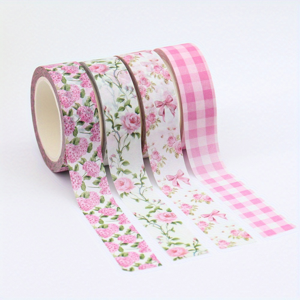 4 Rolls of 10mX15mm Spring Valentine's Day Theme Washi Tape, Pink Series Creative Concealment Tape, Original Design for Diary Stickers, Gift Packaging Decorative Craft Tape