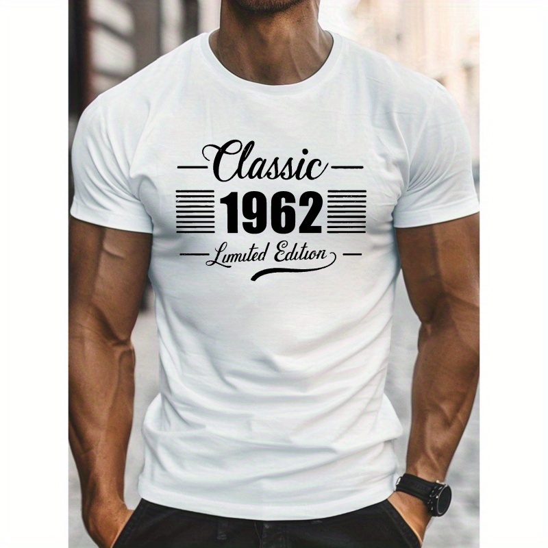 

T-shirt imprimé en édition limitée pour homme Classic 1962 - Haut en tricot à manches courtes et col rond 100 % polyester, T-shirt d'été à motif géométrique décontracté avec une légère élasticité