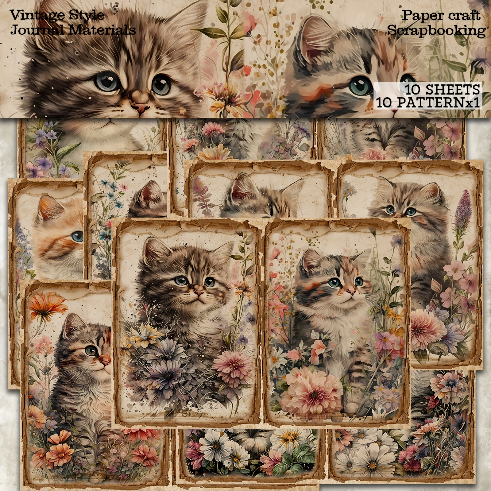 

Vintage Cat And Floral Designs Bristol Paper Set - 10 Sheets For Scrapbooking, Bullet Journals, Diy Crafts & Greeting Cards