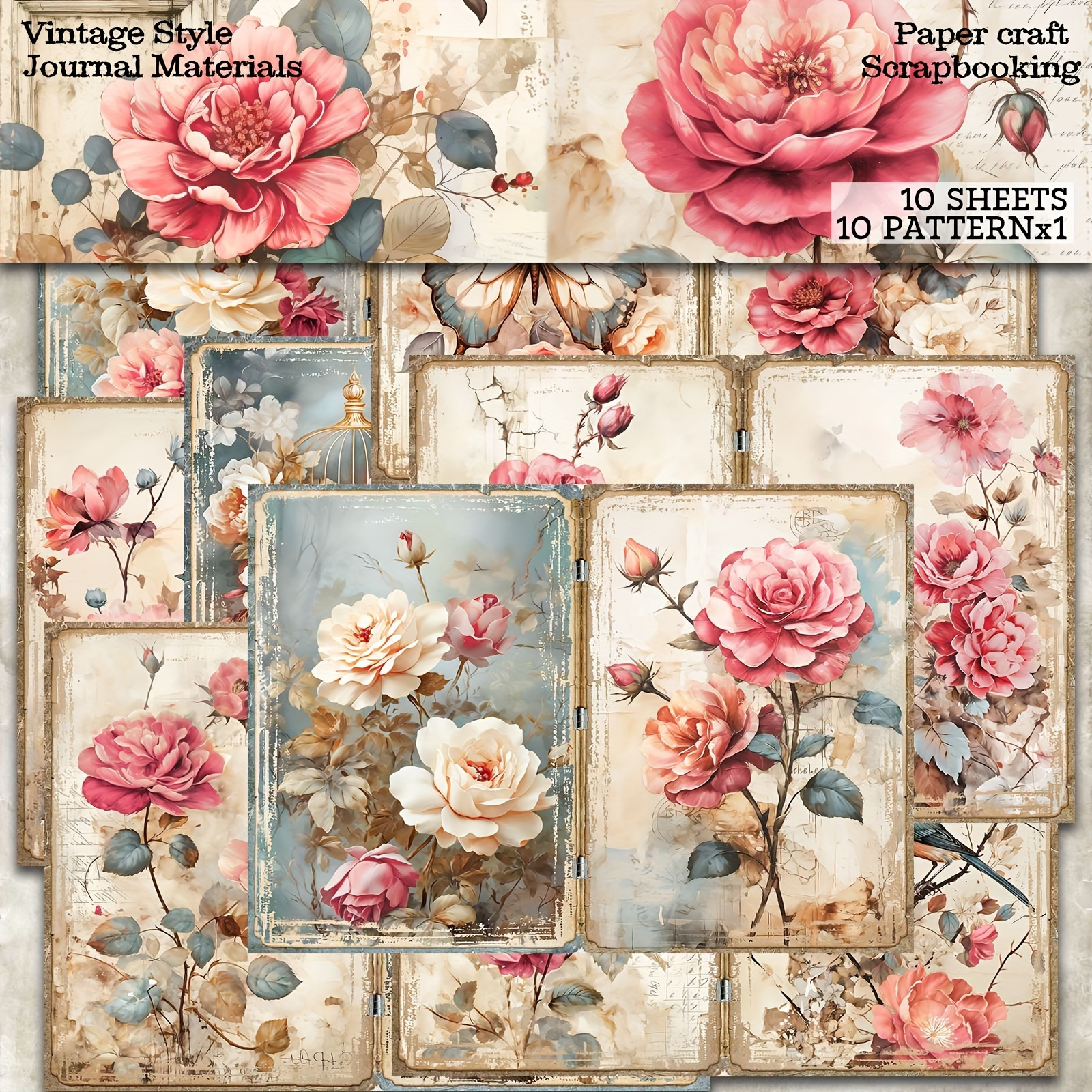 

Matériaux de journal de style vintage : 10 feuilles de belles roses pour les journaux à puces, le scrapbooking et les travaux manuels de bricolage