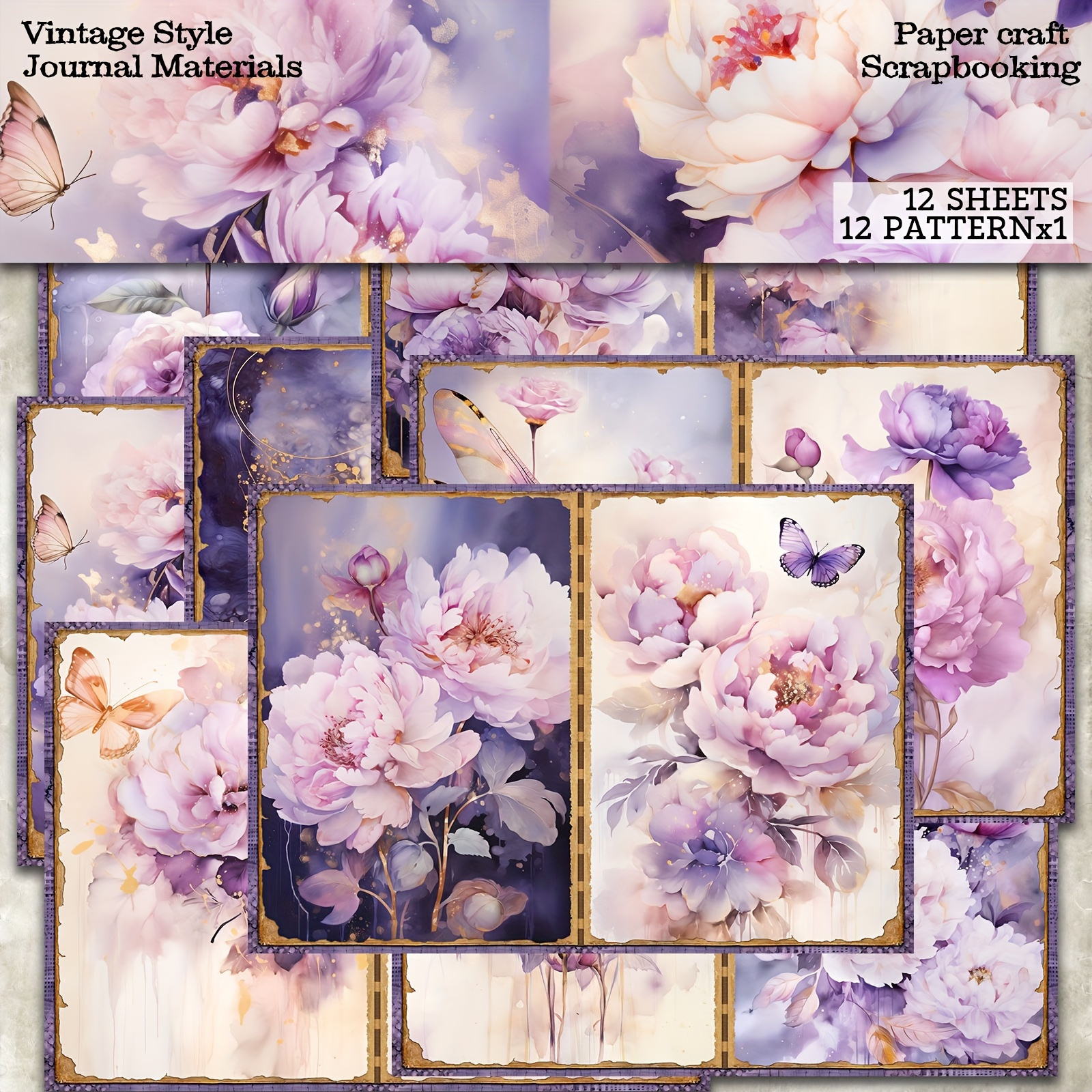 

Vintage Peony And Scrapbooking Paper Set - 12 Sheets, Floral Journal Crafting Kit, Bullet Journaling, Diy Crafts, And Greeting Cards