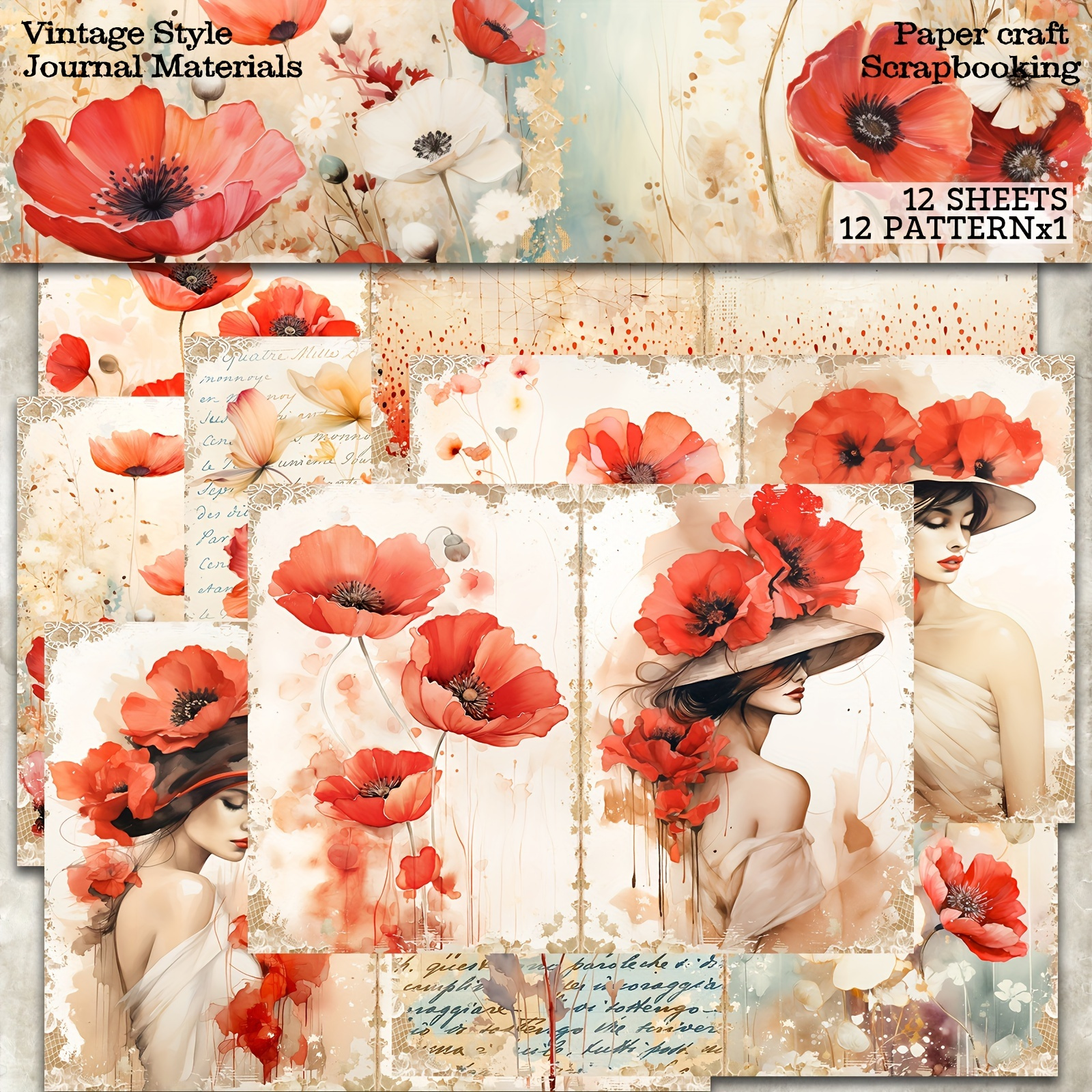 

Poppy Floral Deco Set For Scrapbooking - 12 Sheets Of Die-cut Flowers & Leaves, Ideal For Bullet Journals, Diy Crafts & Greeting Cards