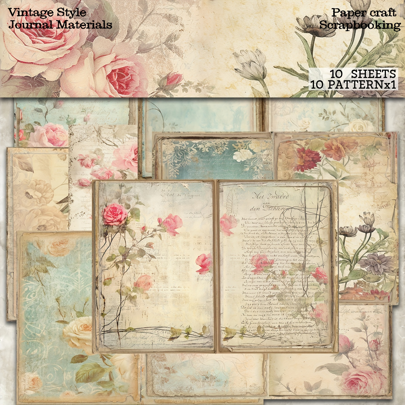 

Vintage Floral Notebook Inserts, 10-sheet Set - Ideal For Bullet Journals, Scrapbooking, Diy Crafts & Greeting Cards