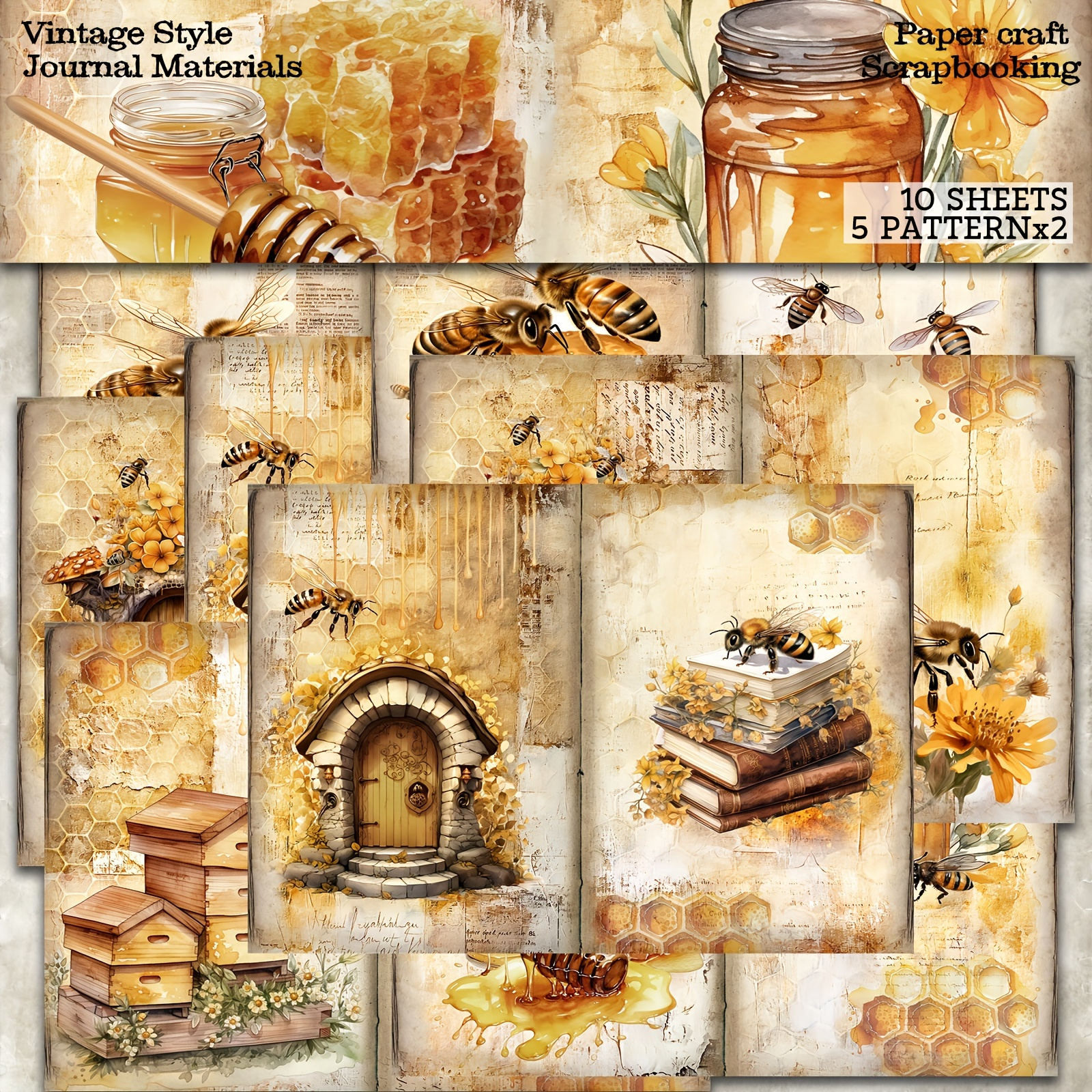 

Vintage Bee And Sunflower Scrapbooking Paper Set - 10 Sheets Of Journal Craft Paper With Honeycomb And Beehive Designs For Bullet Journals, Diy Crafts, And Greeting Cards