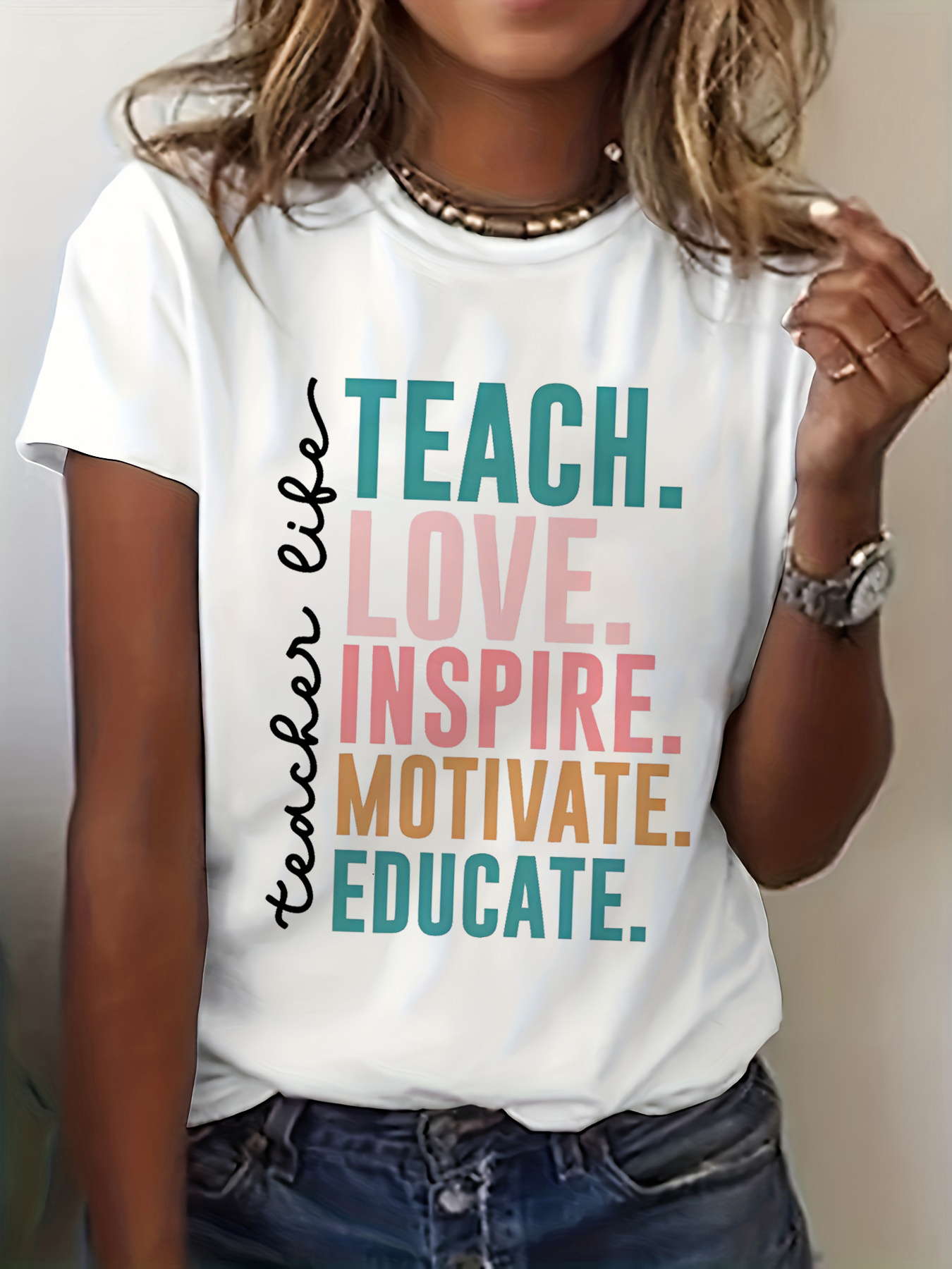        teacher letter print t shirt short sleeve crew neck casual top for   womens clothing