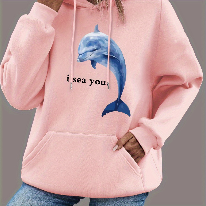 

Women's Casual Hooded Sweatshirt With Dolphin Graphic, Knit Fabric Alphabet Animal Pattern, 100% Polyester Long Sleeve Pullover With Kangaroo Pocket For Fall/winter