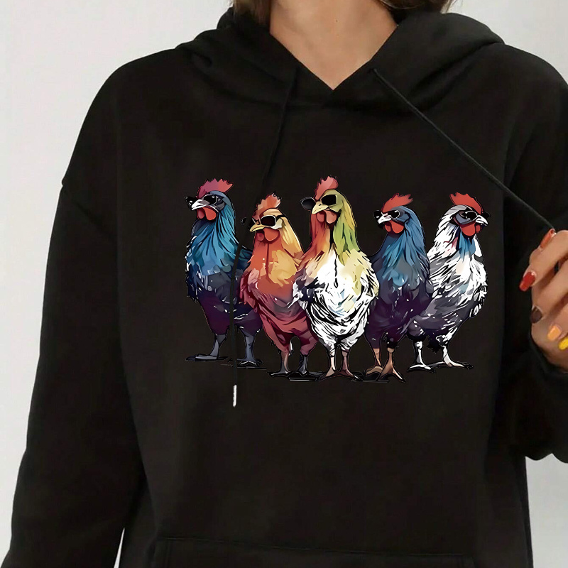 

Cozy Fleece-lined Hoodie With Chicken Print - Casual Long Sleeve Pullover For Women, Fall & Winter