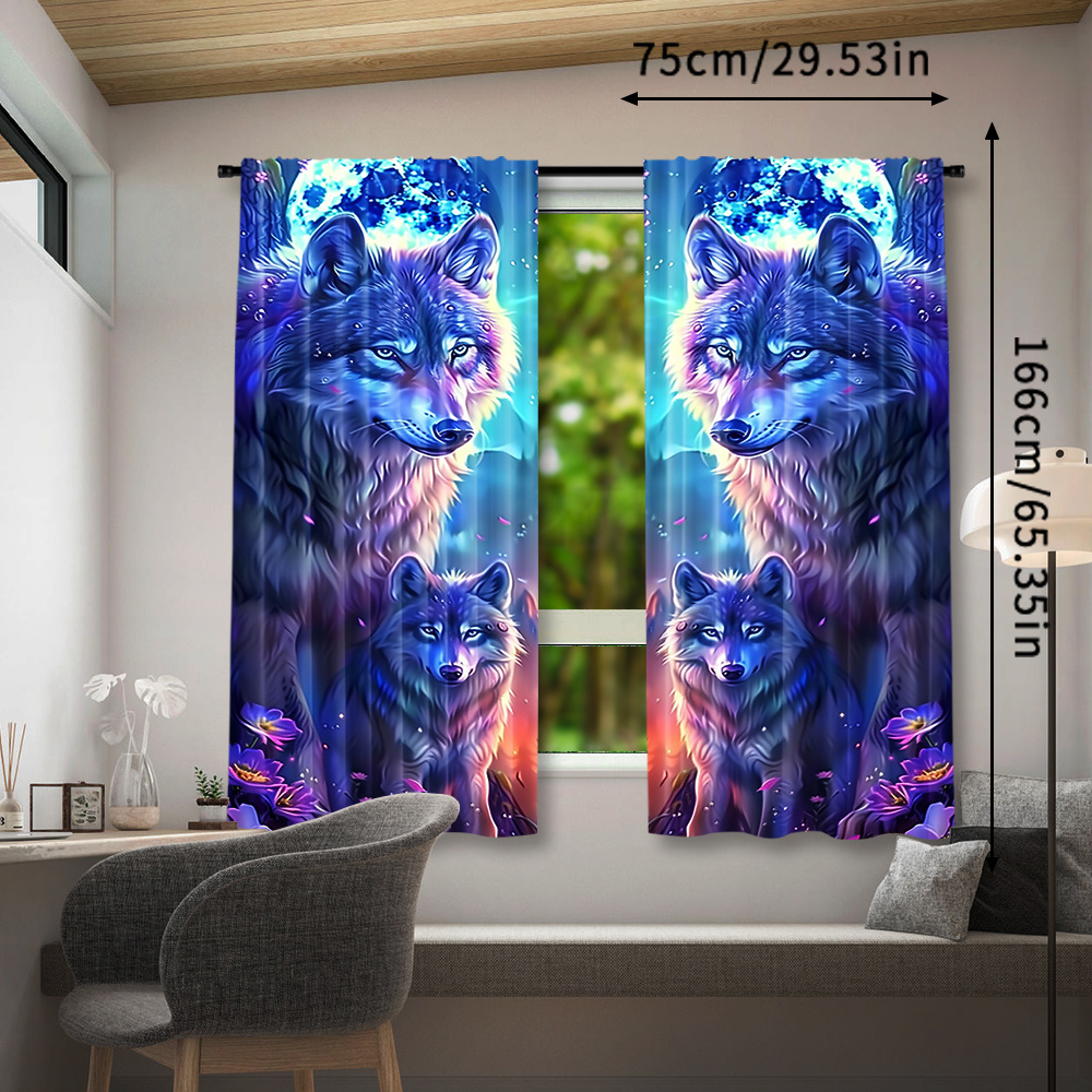 E-shop 2 Stück Ösenvorhänge mit Wolfsmotiv - Zeitgenössische gewebte Polyester--Halbtransparente Fensterdekorationen für Schlafzimmer, Wohnzimmer, Büro