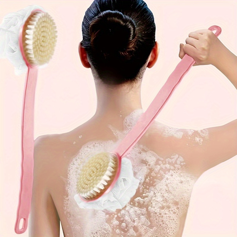 

Brosse de bain avec manche long, poils et éponge en loofah, non électrique, brosse à dos ergonomique pour la douche, exfoliation de et accessoire de bain nettoyant - 1 pièce