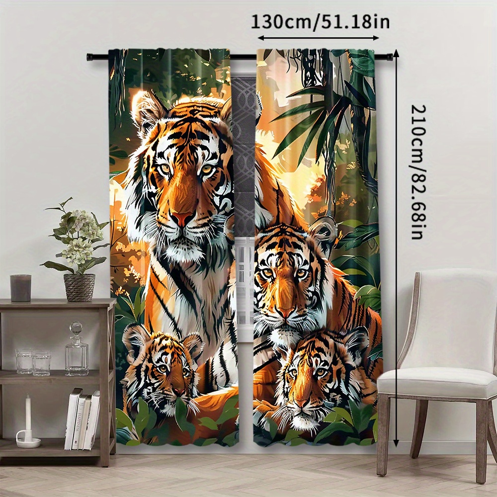 TEMU 2pcs, Tiger Print Curtains, Rod Pocket Window Treatment, For Bedroom Living Room, Home Decoration, Room Decoration