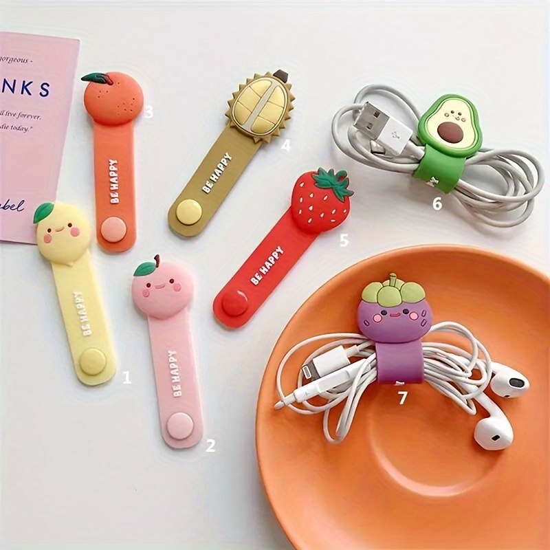 

6pcs Cute Cartoon Fruit Silicone Cable Winders, Reusable Cord Organizers, Tidy Cable Ties For Earphone Data And Charging Wires, Home And Office Cord Management