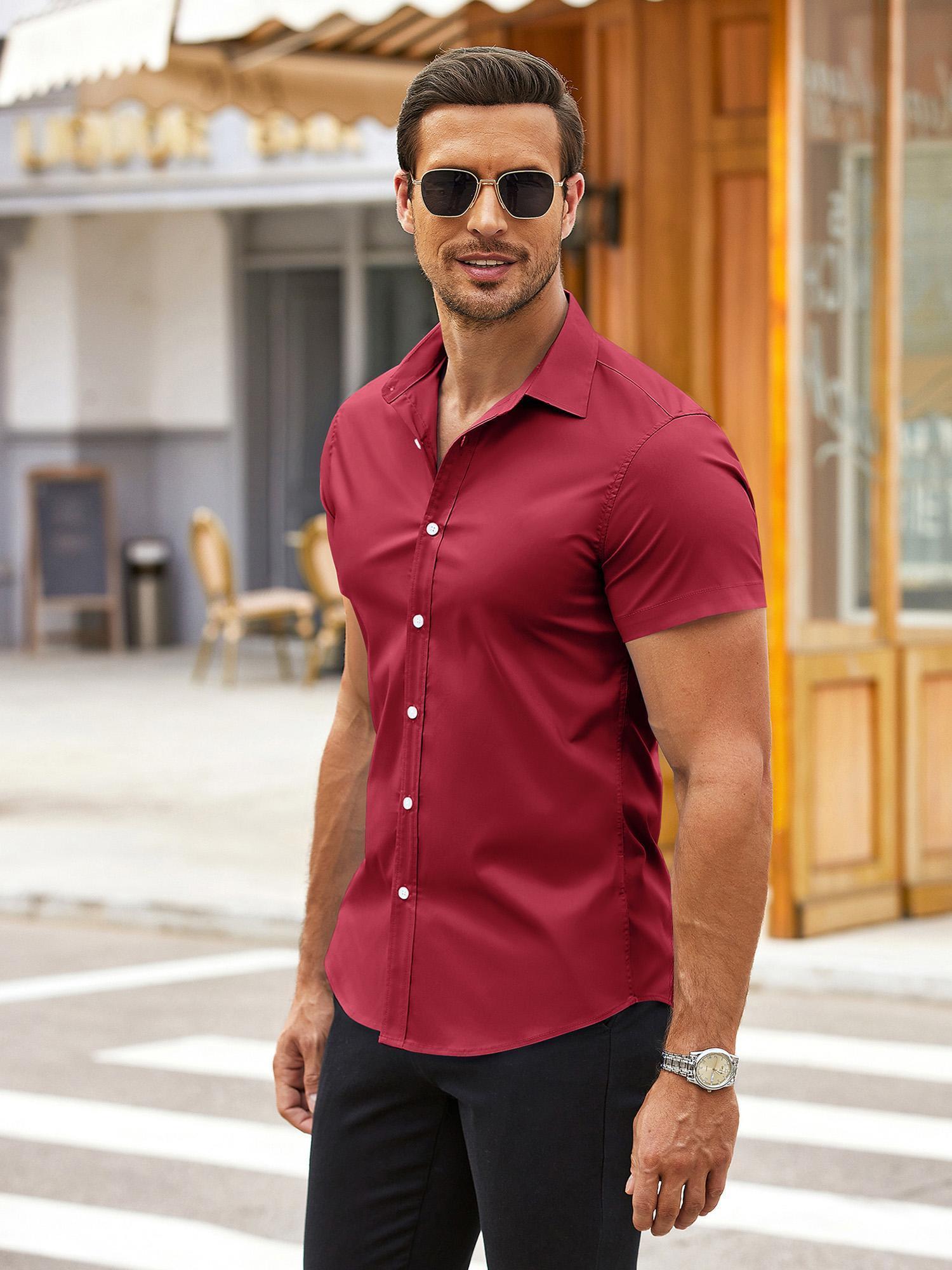 Dress Shirt Mens Short Sleeve Shirts Muscle Fit Mens Casual Button