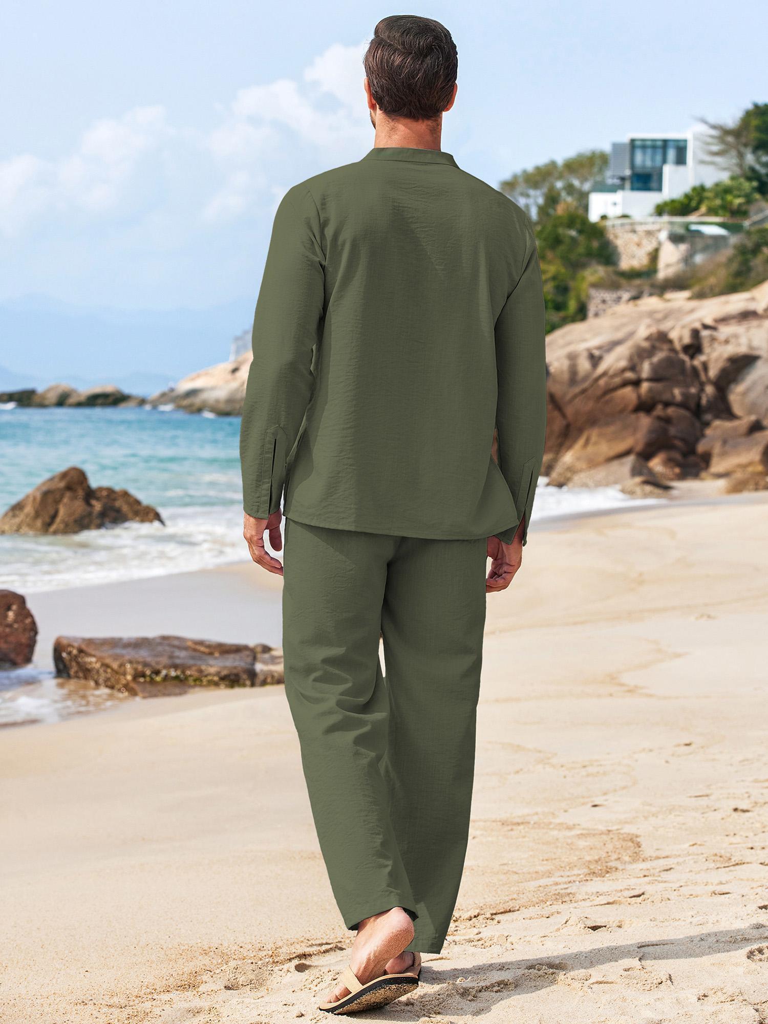 Ensemble Homme 2 Pièces Coton/Lin - Chemise Henley + Pantalon - Style Décontracté